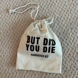 NWOT “but did you die hangover” burlap drawstring mini pouch bag